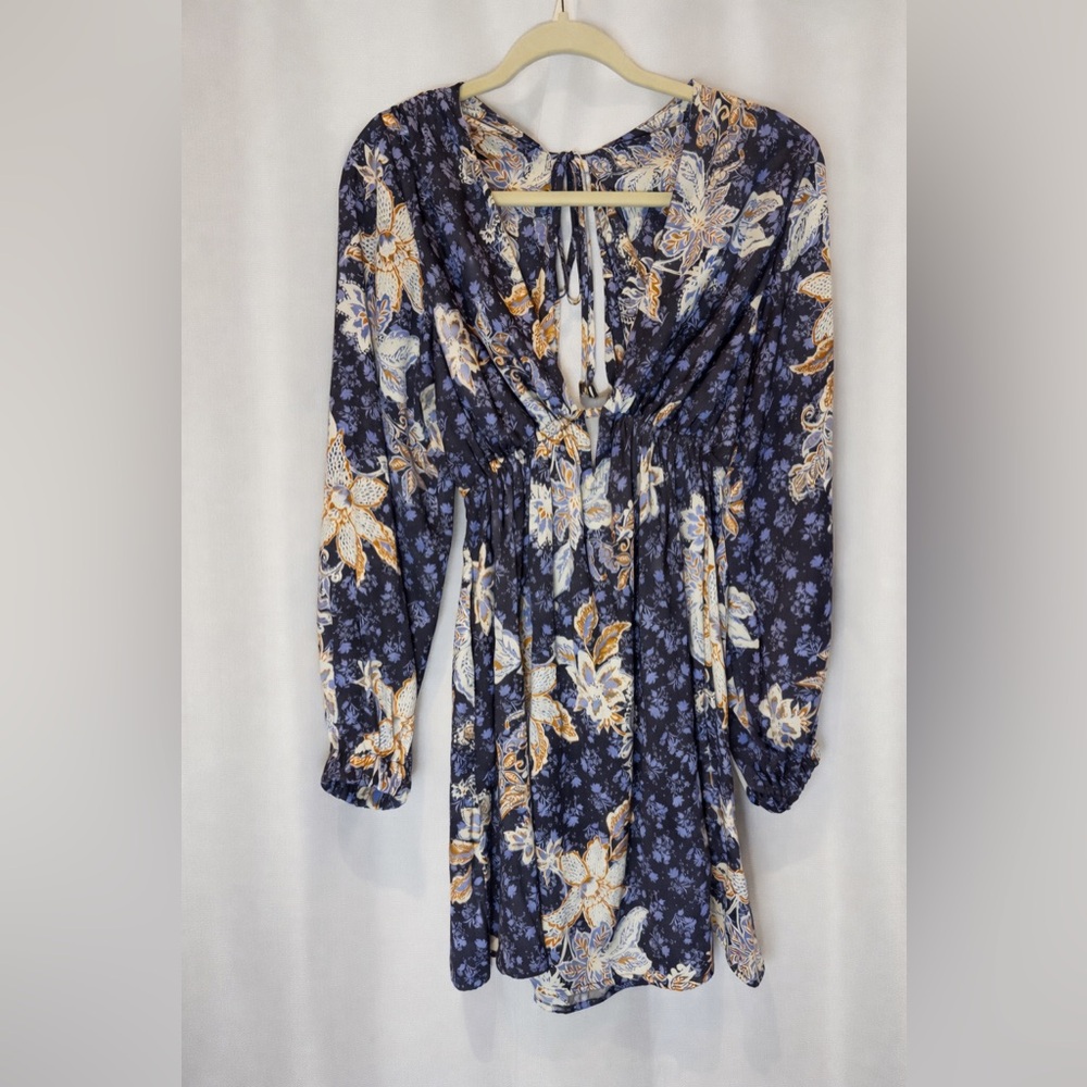 Free People Soli Dark Blue Floral Long Sleeve Dress. Size XS